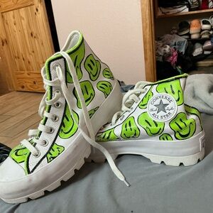 Custom painted Converse High Top Sneakers - White with Neon Green Smiley Print